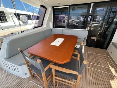 Deck of DU DU, a Cervetti 44 catamaran at Salerno, Italy