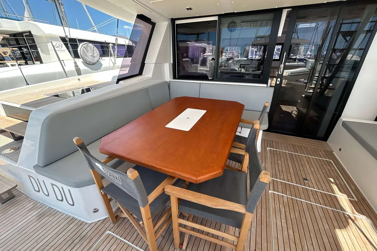 Deck of DU DU, a Cervetti 44 catamaran at Salerno, Italy