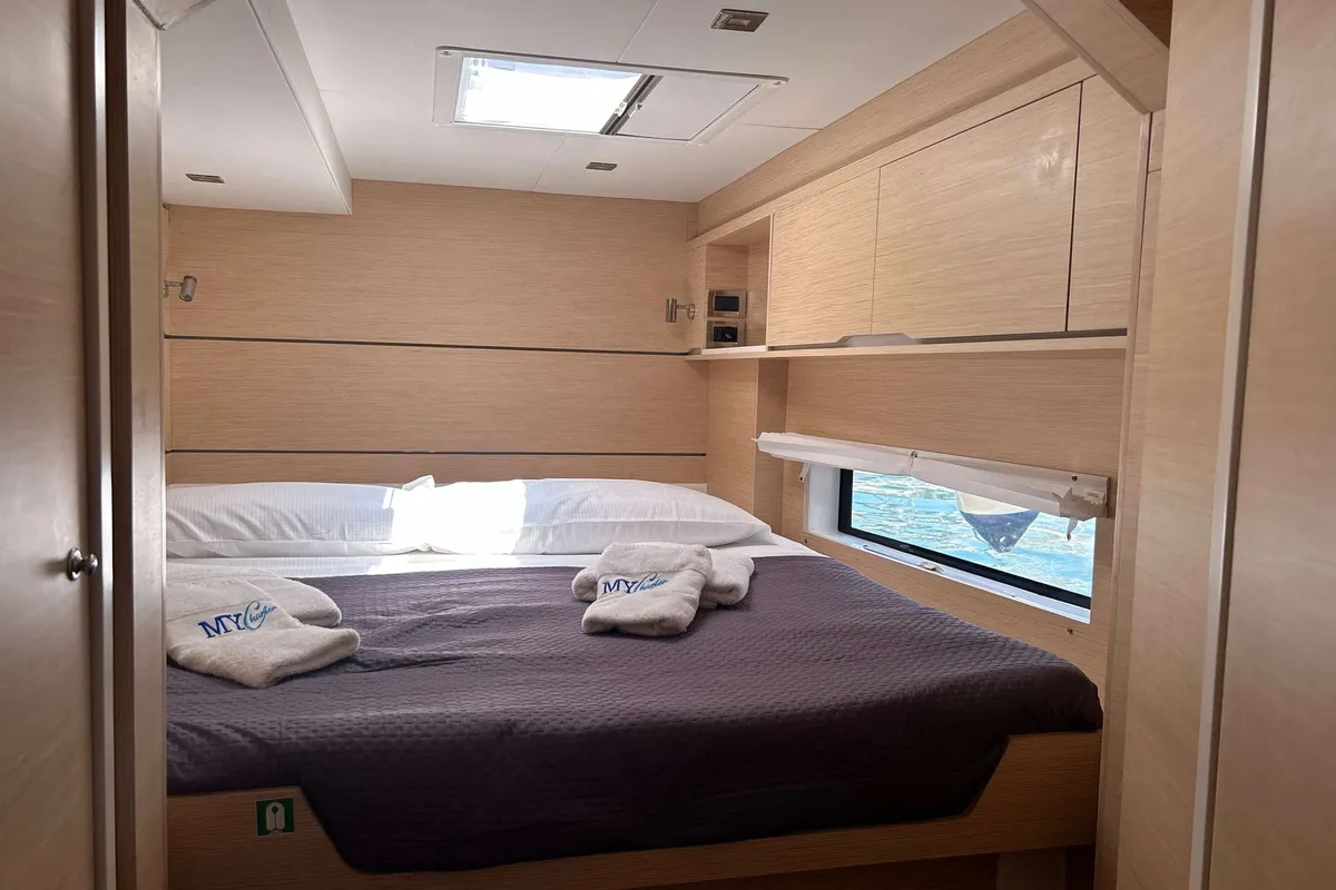 Cabin on DU DU, a Cervetti 44 catamaran at Salerno, Italy
