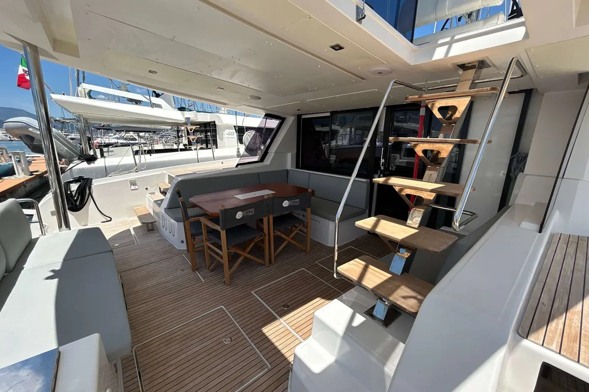 Deck of DU DU, a Cervetti 44 catamaran at Salerno, Italy