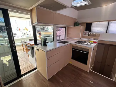 Galley of DU DU, a Cervetti 44 catamaran at Salerno, Italy