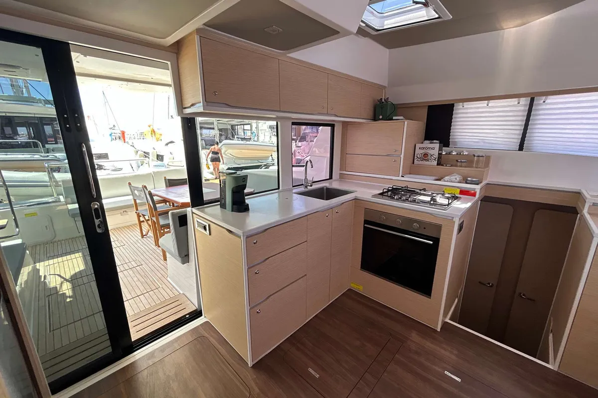 Galley of DU DU, a Cervetti 44 catamaran at Salerno, Italy
