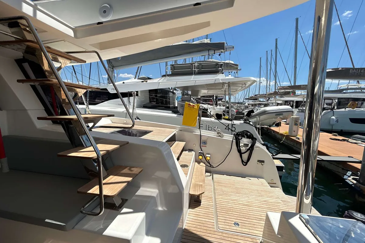 Exterior view of DU DU, a Cervetti 44 catamaran at Salerno, Italy