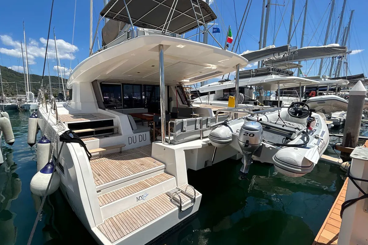 Exterior view of DU DU, a Cervetti 44 catamaran at Salerno, Italy