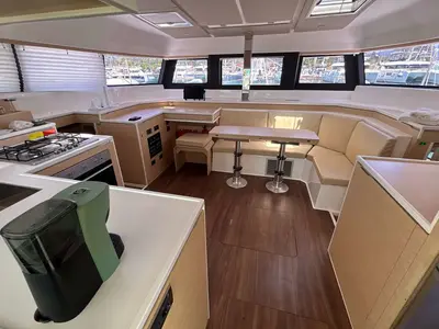 Salon of DU DU, a Cervetti 44 catamaran at Salerno, Italy