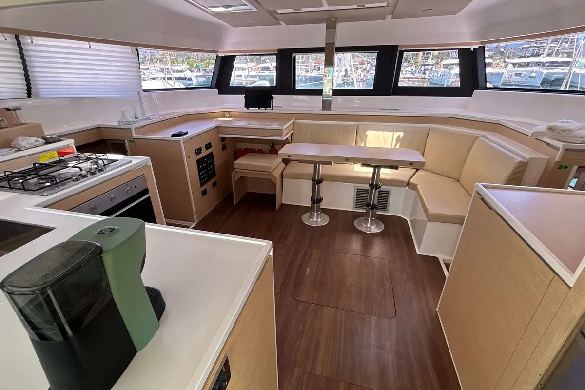 Salon of DU DU, a Cervetti 44 catamaran at Salerno, Italy