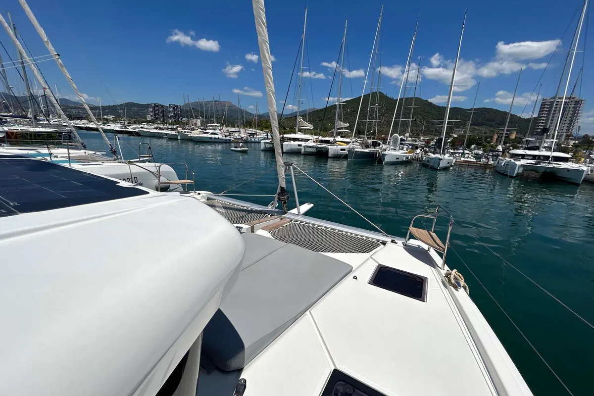 Exterior view of DU DU, a Cervetti 44 catamaran at Salerno, Italy