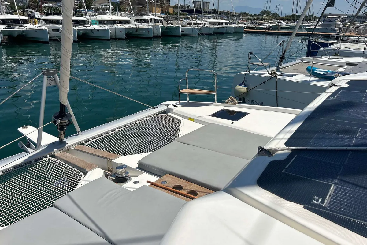 Deck of DU DU, a Cervetti 44 catamaran at Salerno, Italy