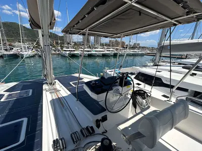 Cockpit of DU DU, a Cervetti 44 catamaran at Salerno, Italy