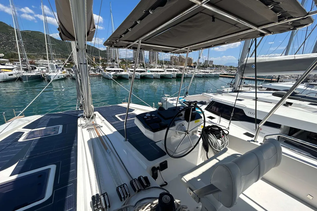 Cockpit of DU DU, a Cervetti 44 catamaran at Salerno, Italy