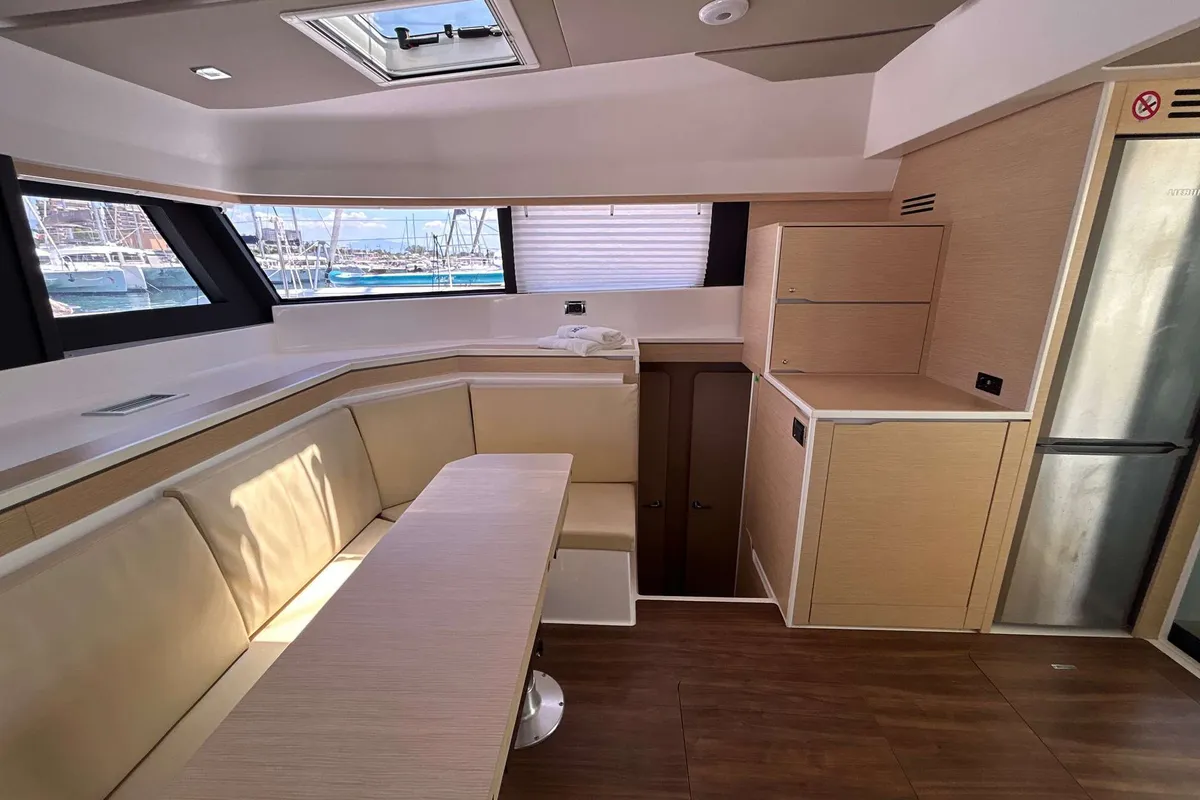 Salon of DU DU, a Cervetti 44 catamaran at Salerno, Italy