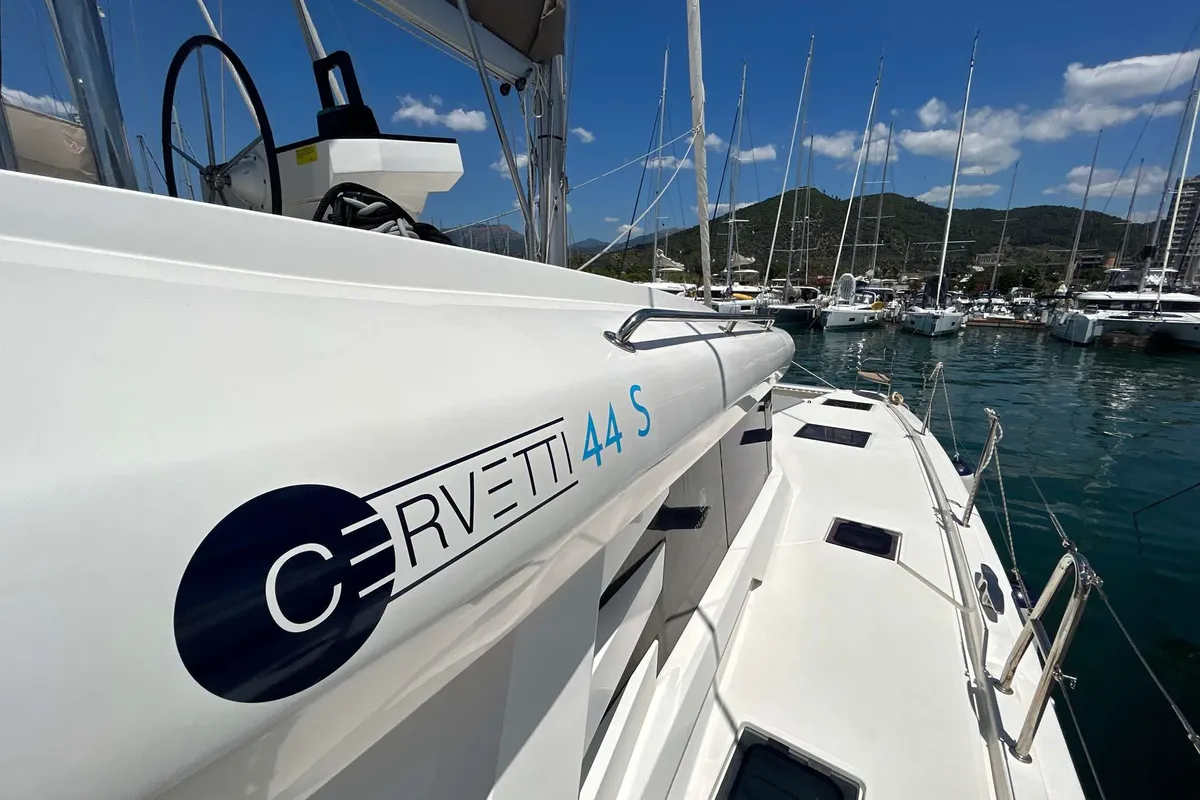 Exterior view of DU DU, a Cervetti 44 catamaran at Salerno, Italy