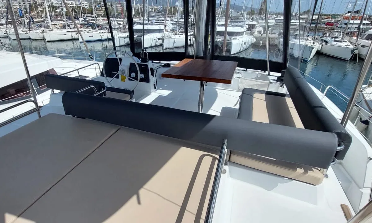 Deck of Poseidon, a Bali 4.6 catamaran at Athens, Greece