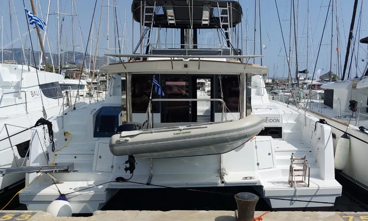 Exterior view of Poseidon, a Bali 4.6 catamaran at Athens, Greece