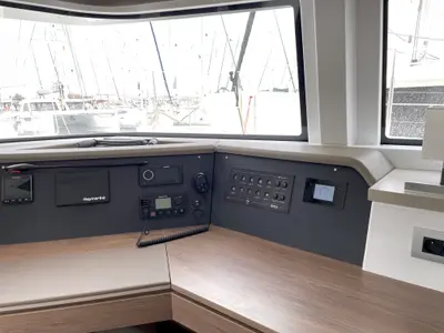 Cockpit of Poseidon, a Bali 4.6 catamaran at Athens, Greece