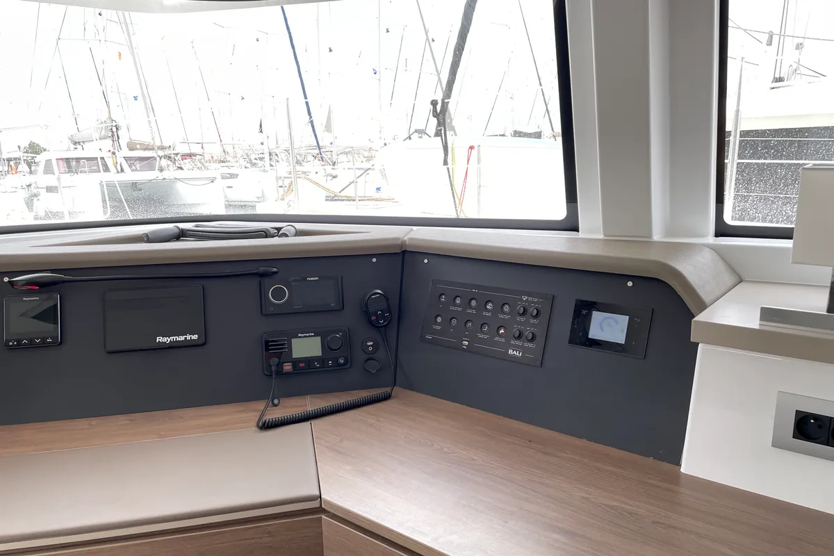 Cockpit of Poseidon, a Bali 4.6 catamaran at Athens, Greece