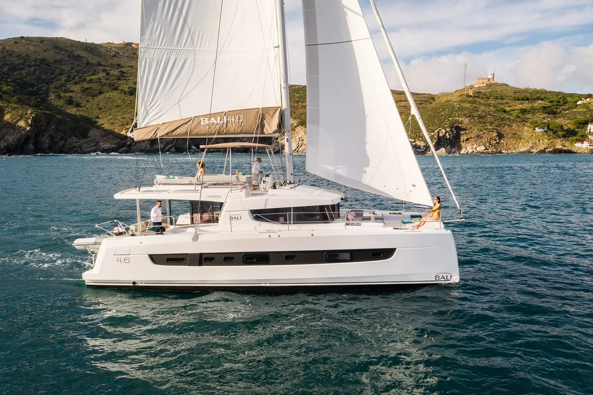 Exterior view of Poseidon, a Bali 4.6 catamaran at Athens, Greece