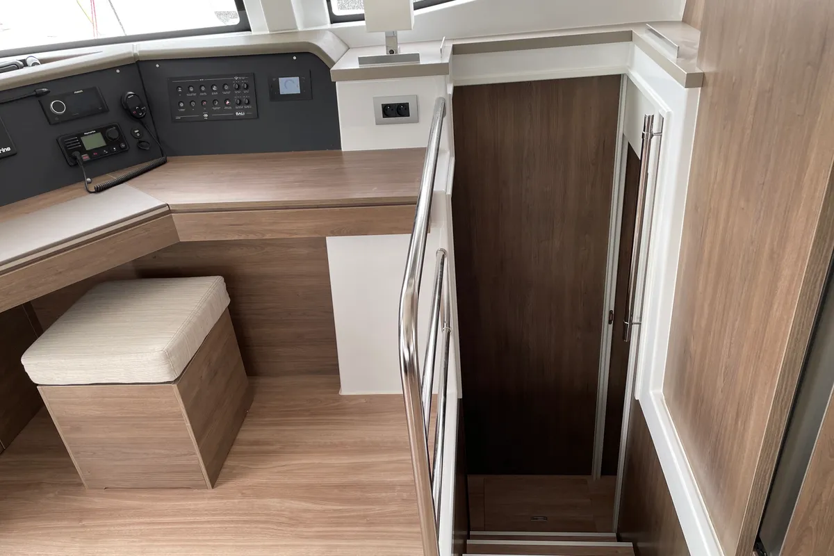 Cockpit of Poseidon, a Bali 4.6 catamaran at Athens, Greece