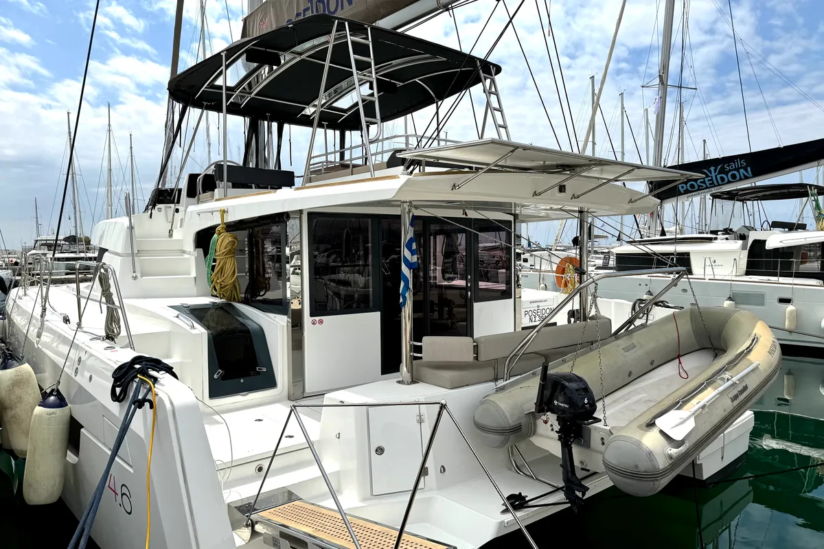 Exterior view of Poseidon, a Bali 4.6 catamaran at Athens, Greece