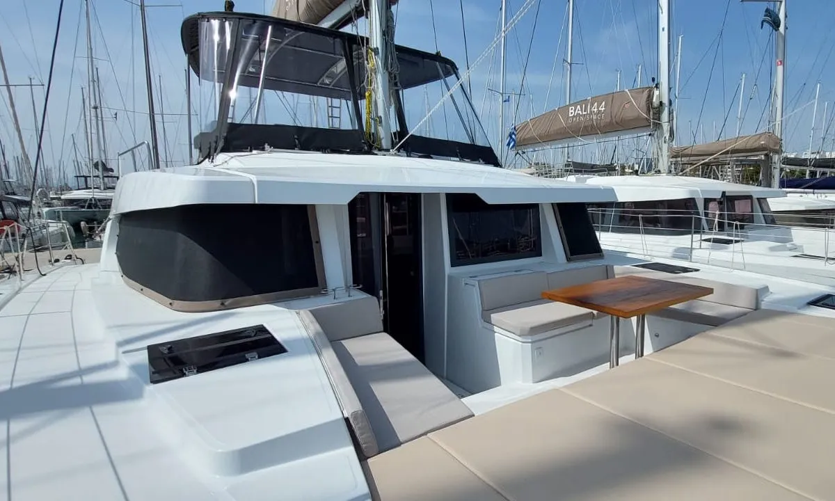 Deck of Poseidon, a Bali 4.6 catamaran at Athens, Greece