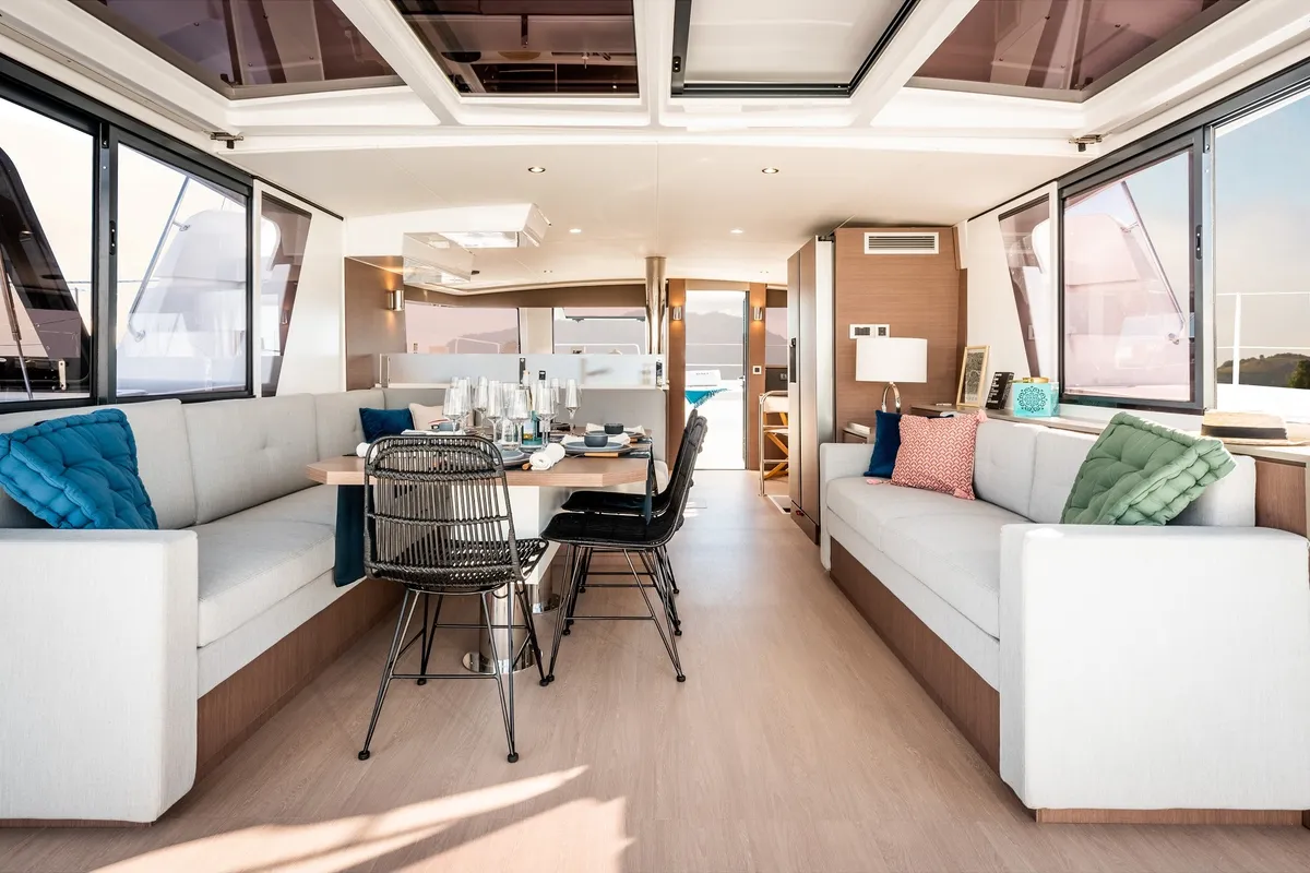 Salon of Poseidon, a Bali 4.6 catamaran at Athens, Greece