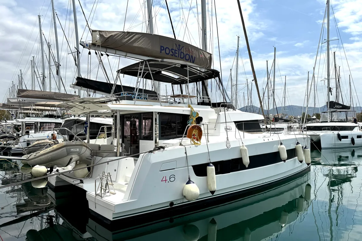 Exterior view of Poseidon, a Bali 4.6 catamaran at Athens, Greece