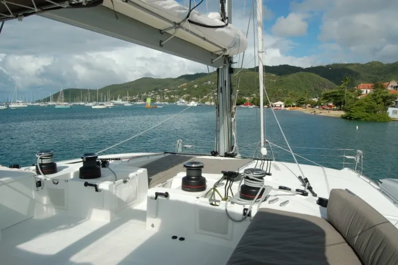 Deck of Marlena, a Lagoon 620 catamaran at Roche Caiman, Seychelles