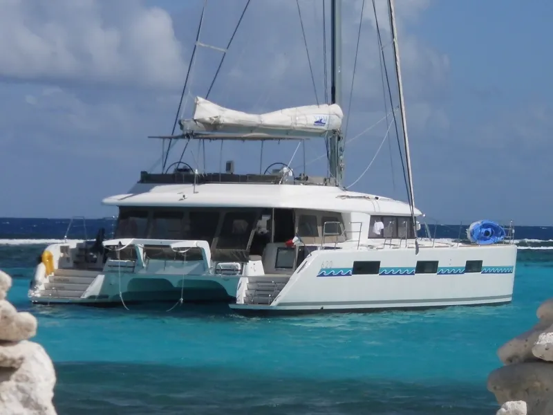 Exterior view of Marlena, a Lagoon 620 catamaran at Roche Caiman, Seychelles
