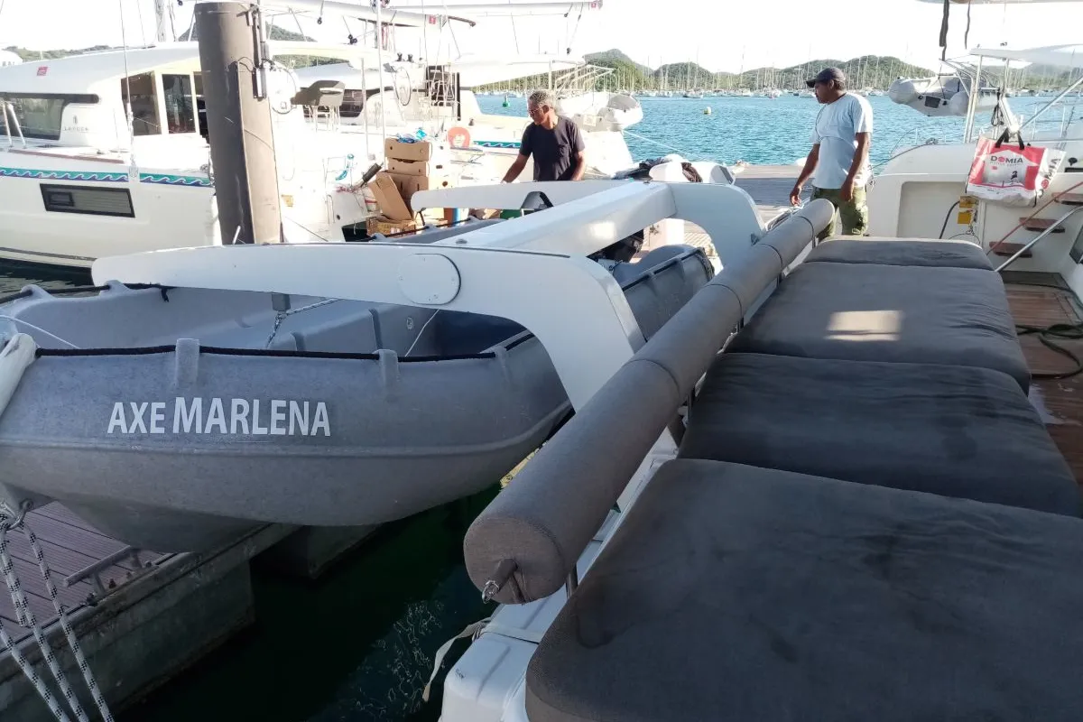 Deck of Marlena, a Lagoon 620 catamaran at Roche Caiman, Seychelles