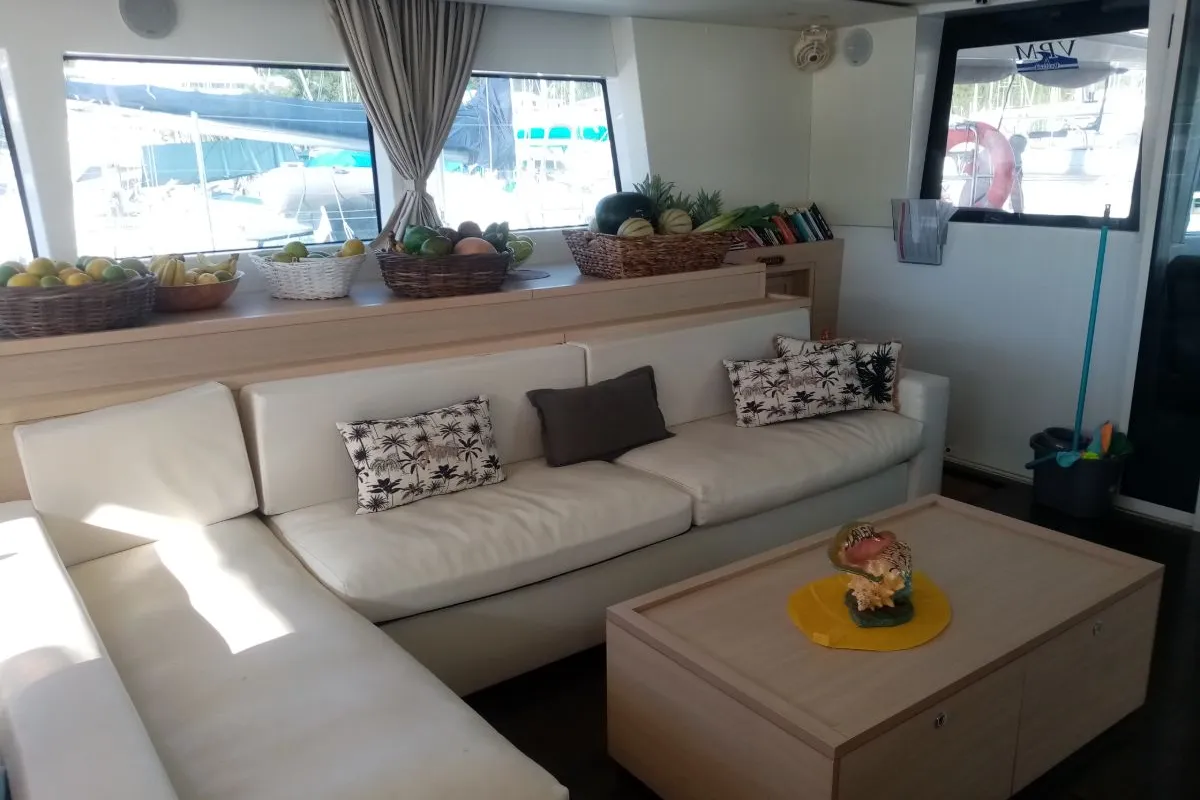 Salon of Marlena, a Lagoon 620 catamaran at Roche Caiman, Seychelles