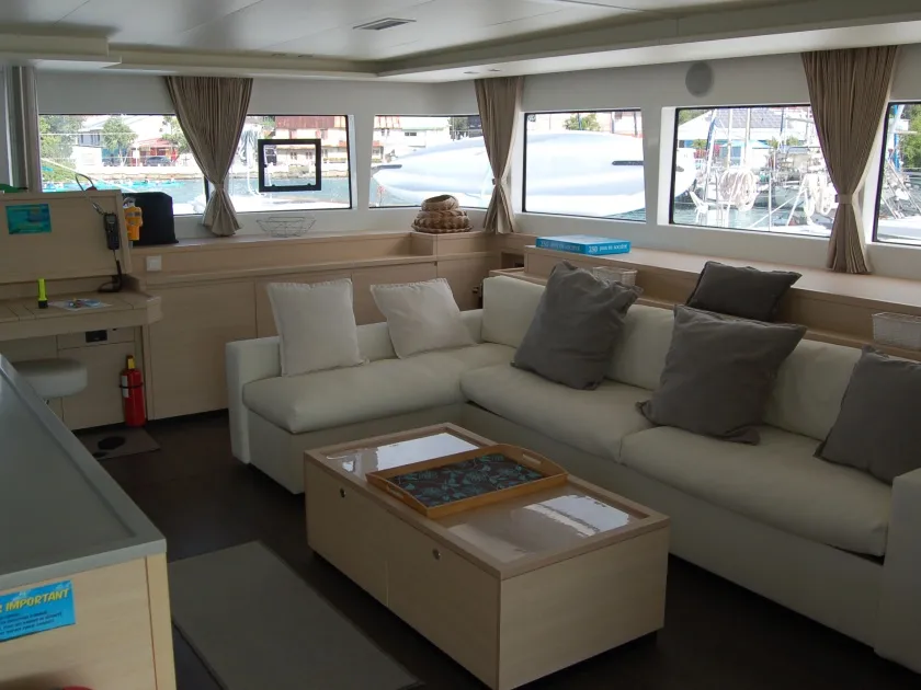 Salon of Marlena, a Lagoon 620 catamaran at Roche Caiman, Seychelles