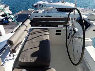 Cockpit of Marlena, a Lagoon 620 catamaran at Roche Caiman, Seychelles