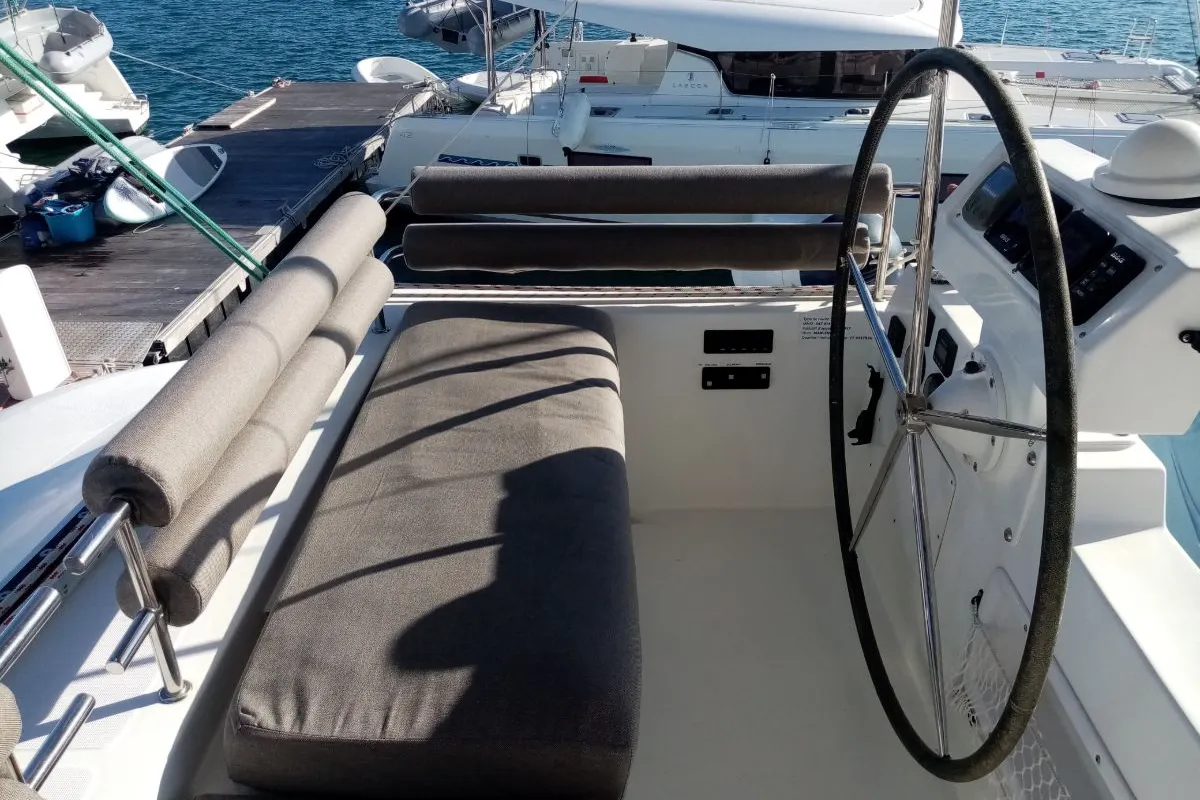 Cockpit of Marlena, a Lagoon 620 catamaran at Roche Caiman, Seychelles