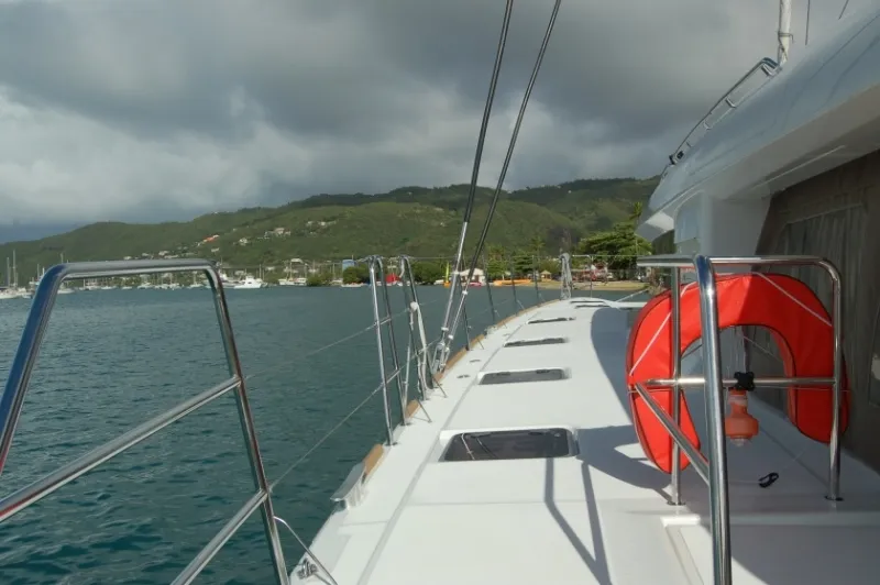 Deck of Marlena, a Lagoon 620 catamaran at Roche Caiman, Seychelles