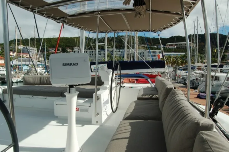 Cockpit of Marlena, a Lagoon 620 catamaran at Roche Caiman, Seychelles