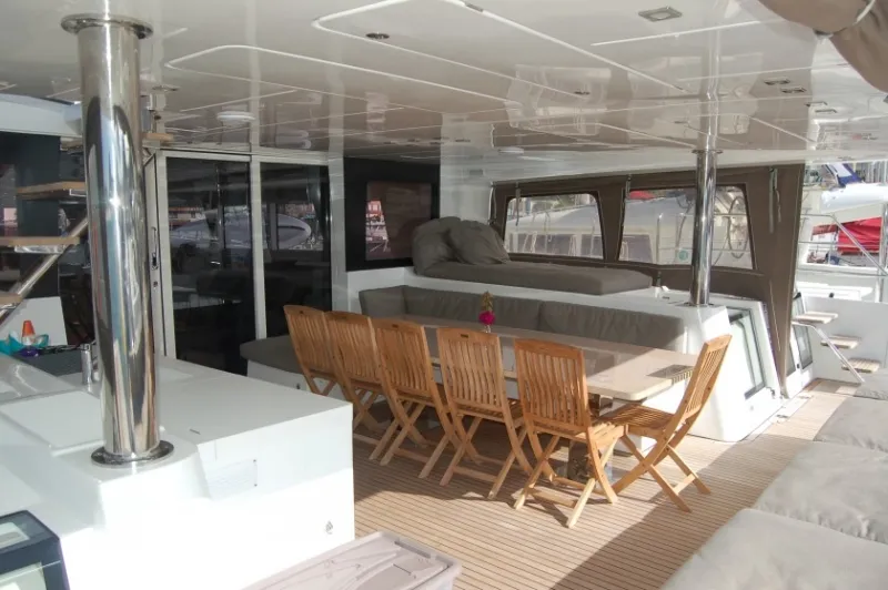 Deck of Marlena, a Lagoon 620 catamaran at Roche Caiman, Seychelles