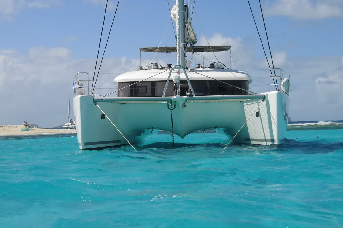 Exterior view of Marlena, a Lagoon 620 catamaran at Roche Caiman, Seychelles