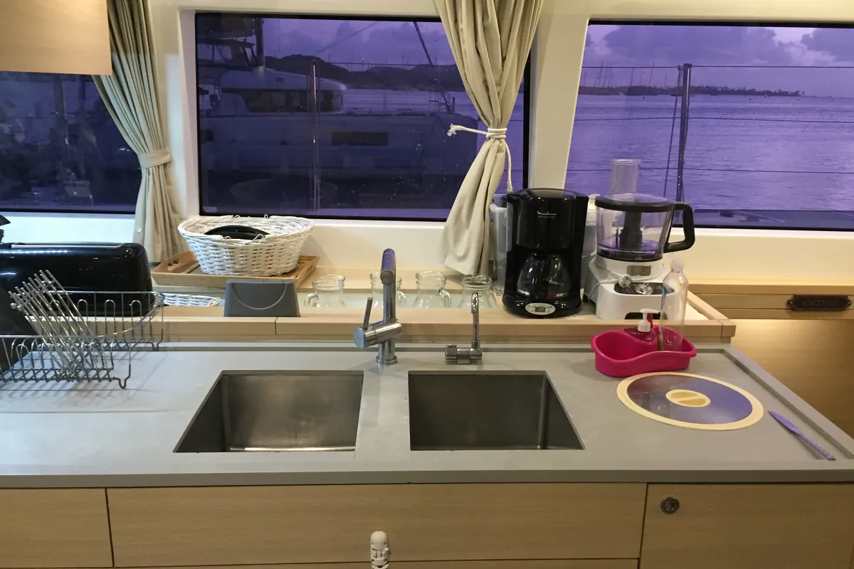 Galley of Marlena, a Lagoon 620 catamaran at Roche Caiman, Seychelles