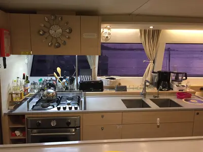 Galley of Marlena, a Lagoon 620 catamaran at Roche Caiman, Seychelles
