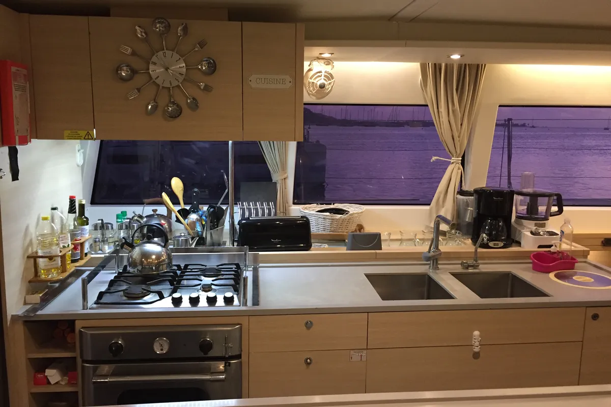 Galley of Marlena, a Lagoon 620 catamaran at Roche Caiman, Seychelles