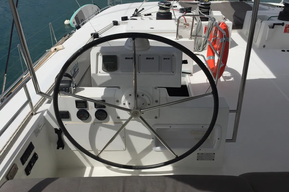 Cockpit of Marlena, a Lagoon 620 catamaran at Roche Caiman, Seychelles
