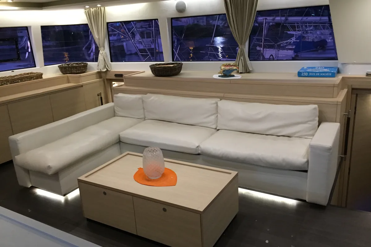 Salon of Marlena, a Lagoon 620 catamaran at Roche Caiman, Seychelles
