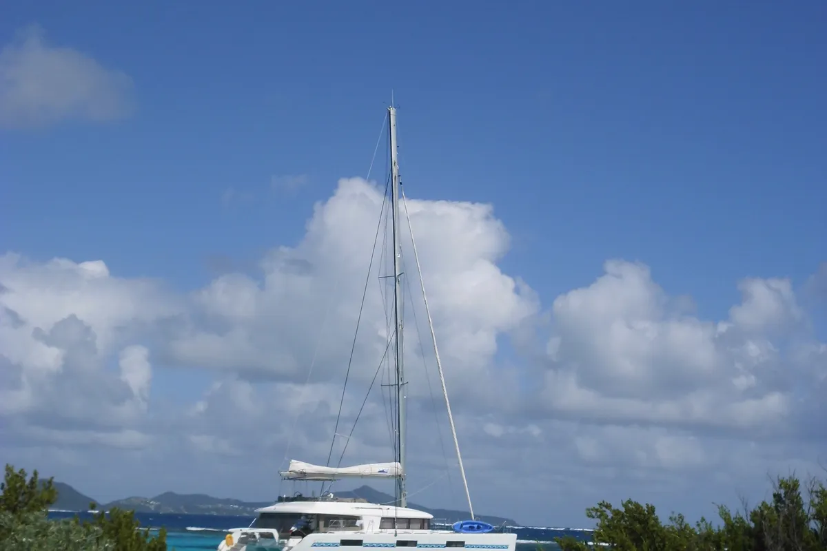 Exterior view of Marlena, a Lagoon 620 catamaran at Roche Caiman, Seychelles