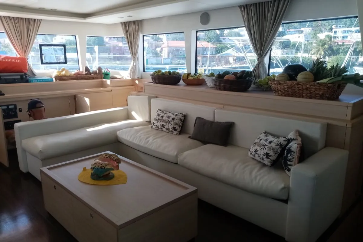 Salon of Marlena, a Lagoon 620 catamaran at Roche Caiman, Seychelles