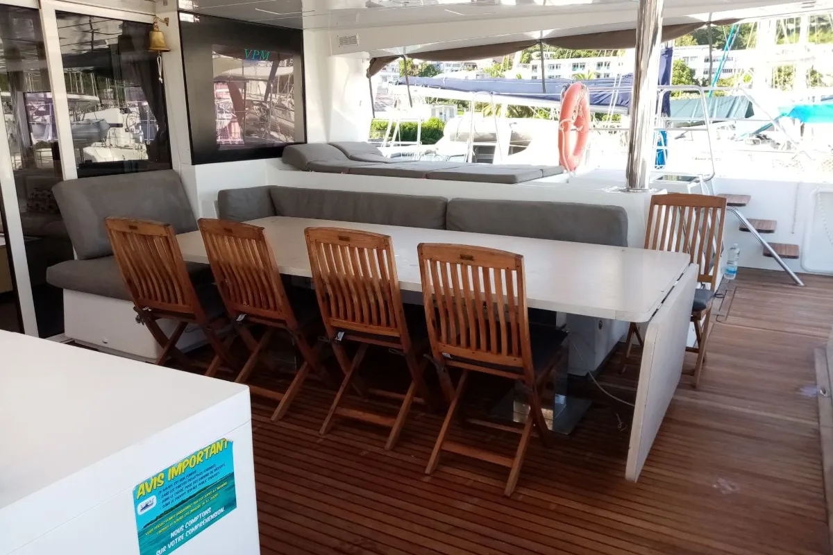 Deck of Marlena, a Lagoon 620 catamaran at Roche Caiman, Seychelles
