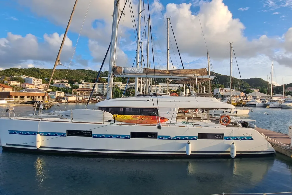 Exterior view of Marlena, a Lagoon 620 catamaran at Roche Caiman, Seychelles