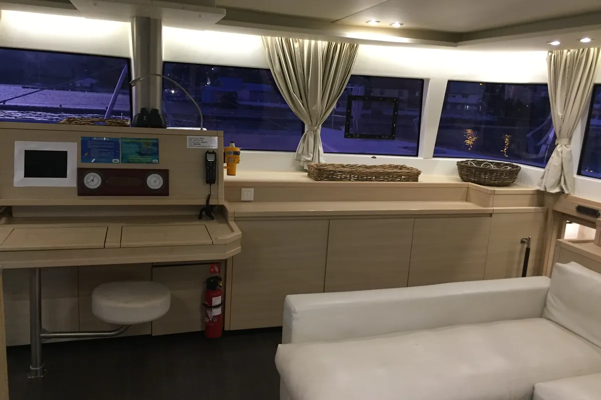 Salon of Marlena, a Lagoon 620 catamaran at Roche Caiman, Seychelles