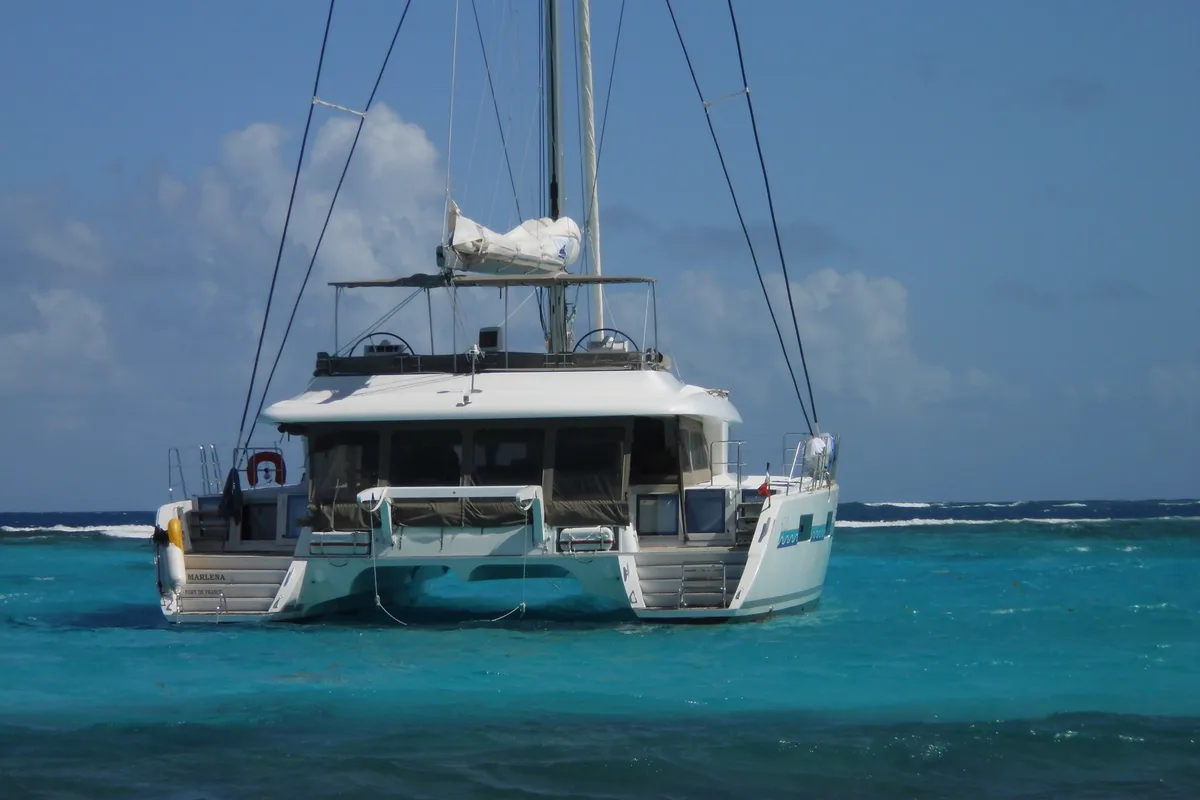 Exterior view of Marlena, a Lagoon 620 catamaran at Roche Caiman, Seychelles