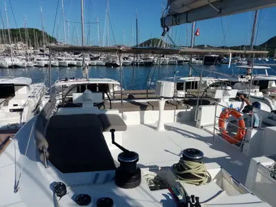 Deck of Marlena, a Lagoon 620 catamaran at Roche Caiman, Seychelles
