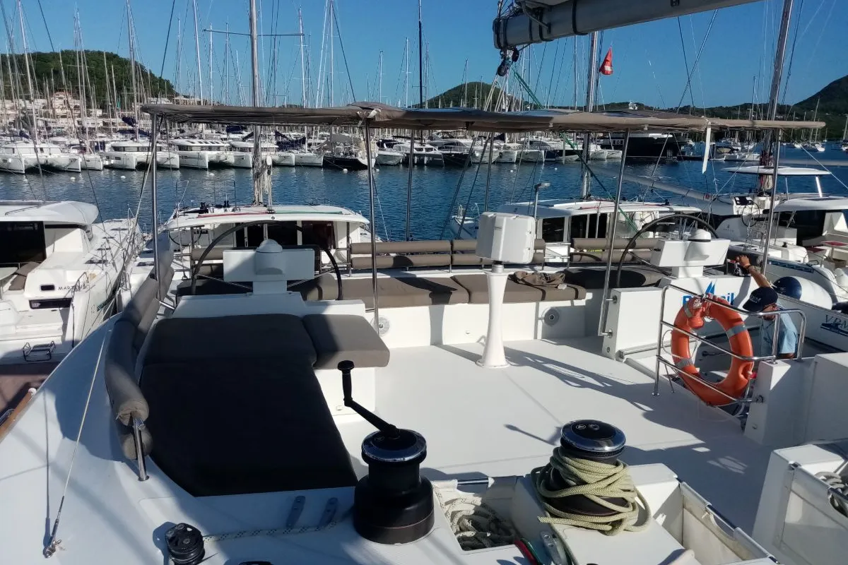 Deck of Marlena, a Lagoon 620 catamaran at Roche Caiman, Seychelles